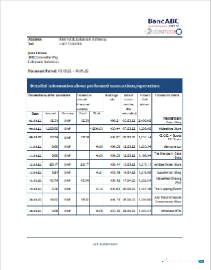 Download Botswana Bank ABC bank statement excel version 2 Photoshop template